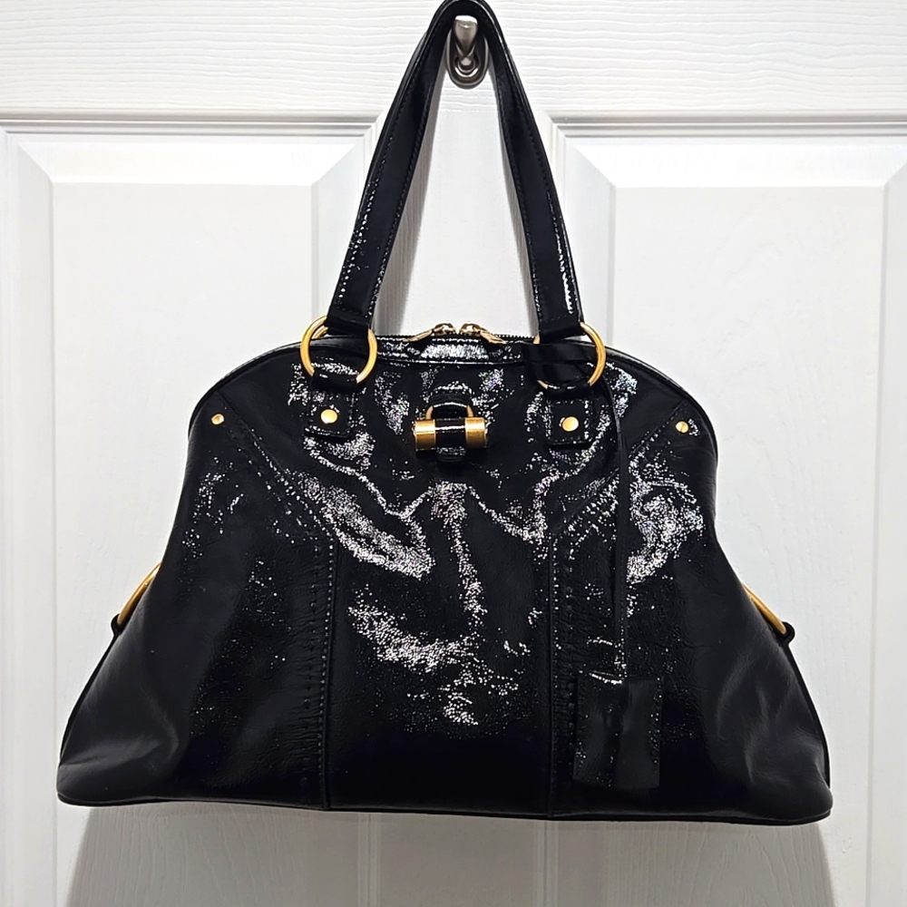 Yves Saint Laurent Shiny Black and Gold Shoulder Bag